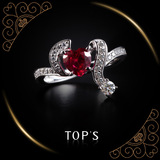 TOPS拓斯原创设计925银镀铂金满钻红宝石心形戒指晚宴奢华宫廷女