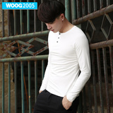 WOOG2005韩版男装2016秋装新款男士白色亨利领纯色长袖体恤