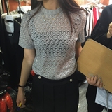 2016春夏季新款 韩版上衣短袖t恤修身显瘦镂空蕾丝雪纺打底衫女
