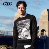 GXG男装 秋季新品韩版修身外套黑色休闲圆领卫衣男套头#63831020