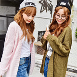 2016秋季韩国新款麻花蝙蝠袖宽松针织开衫学院风中长款毛衣外套女