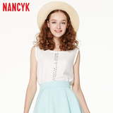Nancyk2016夏装新品直筒短款通勤简约百搭纯色钉珠无袖圆领衬衫女