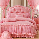 粉色玫瑰全棉蕾丝韩式公主被套床裙四件套 结婚床品 婚庆床上用品