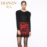 honrn/红人女装 专柜正品黑色蕾丝针织毛衫毛衣H14OM182