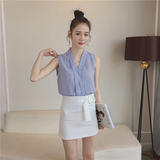 夏季新款韩版女装清新显瘦细蓝白条纹气质V领修身无袖衬衫+M810
