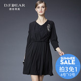 D．F．DEAR/德菲蒂奥品牌女装春秋新品韩版七分袖压褶雪纺连衣裙