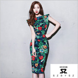 韩国夏装性感开叉时尚印花裙修身长裙高腰包臀露背显瘦复古连衣裙