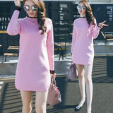 2015秋冬装新款韩版蕾丝拼接粉色长袖中长裙女打底针织连衣裙