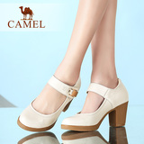Camel/骆驼女鞋2016春季新款浅口真皮圆头皮鞋舒适高跟粗跟单鞋女