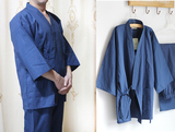 日本和服 日系蓝色和服睡衣加密纯棉双层纱布春秋和风家居服男