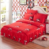 结婚庆大红色双人加厚磨毛床裙款床罩式床单1.5m 1.8 2米床四件套