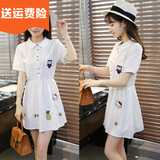 新款2016夏季白色少女连衣裙学生韩版短袖棉麻女装甜美学院风裙子