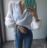 韩国东大门代购2016夏装新款韩版复古女装翻领系带棉麻长袖衬衫女