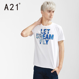A21男装修身圆领短袖T恤白色夏装新款男士休闲创意字母印花衣服