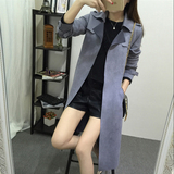 韩国代购2015秋装新款修身显瘦鹿皮绒风衣外套女中长款韩版呢大衣