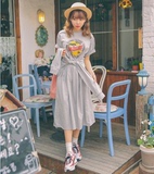 韩国stylenanda夏季新款拼接系带连衣裙长裙韩版假两件圆领连衣裙