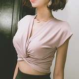 2016夏装新款优雅名媛OL气质深V领针织短款上衣修身显瘦T恤女韩版