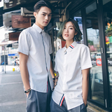 2016情侣装夏季红白蓝织带条纹纯色男女学生班服情侣衬衫短袖韩版