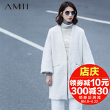 Amii极简艾米女装2015冬装新款V领直筒中长款毛呢外套女呢子大衣