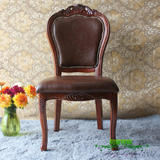 欧式美式不带扶手椅真皮椅子头层进口牛皮实木雕花高档皮餐椅