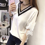 2016夏季 韩版V领宽松纯色袖子蕾丝拼接短袖t恤女上衣半袖打底衫