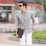 韩国代购男装秋季新款韩版修身休闲青年条纹长袖衬衣男长袖衬衫潮