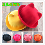 韩版女童可爱猫耳朵帽子儿童毛呢卷边圆顶英伦帽子红色儿童礼帽