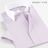 SmartFive 格子衬衫男短袖纯棉免烫时尚休闲拼接青年商务修身衬衣