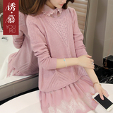 2016春季新款韩版女士针织衫中长款长袖假两件套蕾丝针织衫外套女
