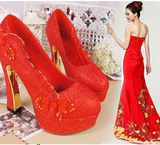 春秋新款婚鞋女红色高跟鞋粗跟单鞋中式结婚鞋子新娘鞋红鞋婚礼鞋