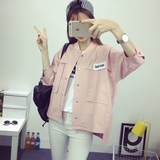 bf原宿风女2016韩版学生夹克棒球服百搭宽松字母粉色七分袖外套