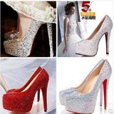 新款新娘鞋水晶婚鞋伴娘鞋高跟防水台白色红色婚纱水钻尖头女单鞋