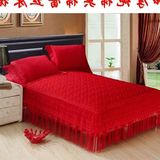 特价结婚庆大红色单件床裙全棉加厚夹棉蕾丝床罩纯棉床单1.8 2米
