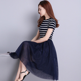 2016夏季新款韩版修身显瘦圆领短袖条纹拼接蕾丝连衣裙女条纹T恤
