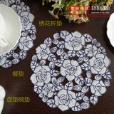 外贸田园布艺现代简约中式绣花桌垫餐垫杯垫盘垫碗垫《蓝色玫瑰》