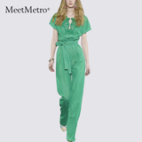 MeetMetro2016夏季新款小香风名媛气质长裤时尚套装女短袖两件套