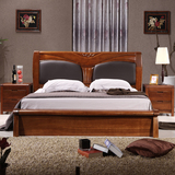 实木床 1.5单人1.8米双人床真皮软靠现代中式特价实木床 胡桃木床