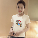 2016夏季韩版新款超级玛丽印花短袖卡通t恤女修身显瘦打底衫