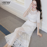 2016夏装新款名媛修身中长款白色蕾丝连衣裙女韩版显瘦沙滩长裙子