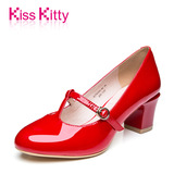 Kiss Kitty专柜2016新品甜美复古玛丽珍牛皮高跟婚鞋粗跟单鞋女