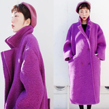 chic韩国代购紫色双排扣呢子大衣茧型长款羊毛呢外套加棉呢子大衣