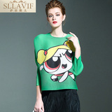 SLLAVIF/萨拉维夫卡通印花宽松型长袖T恤时尚短款上衣夏女装新款