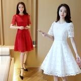 2016韩版夏季新款女装时尚高端修身显瘦红色高腰蕾丝连衣裙小礼服