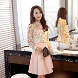 2016春夏装韩版新款两件套连衣裙女中长款长袖印花衬衫套装女裙子