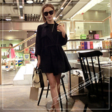 韩版甜美小女人裙摆风衣 欧美中长款黑色九分袖系带风衣外套女