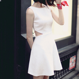 韩版女装 2016夏季新款无袖小白裙修身短裙复古露腰镂空连衣裙A裙