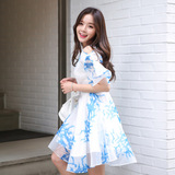 印花连衣裙女夏季2016新款韩版a型修身显瘦短袖中长款学生公主裙