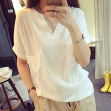 2016韩版夏装新款加大码女装宽松上衣短袖T恤V领棉麻衬衫女士衬衣