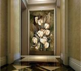 热销3D墙纸壁画玄关过道走廊电视背景墙纸欧式怀旧复古白色郁金香
