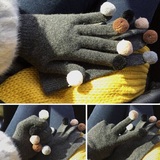 包邮韩冬季保暖韩版可爱分指真兔毛彩色毛球加厚羊羔绒双层手套女
